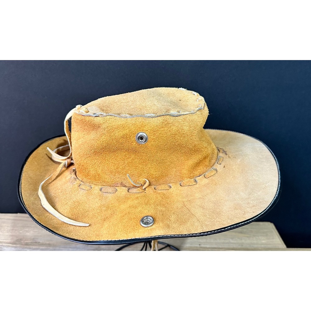 Vintage Suede Leather Outback Hat Whipstitch Western Unisex OS Brown